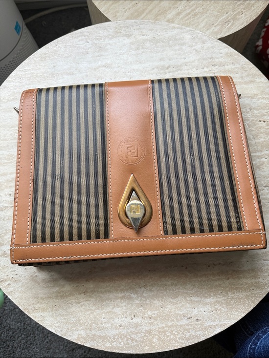 Fendi Other - Fendi Brown & Black Striped Leather-Trim Messenger Bag with Gold-Tone Lock